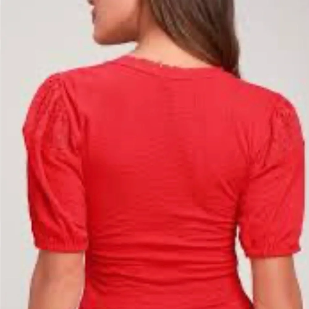 Free People Red Crochet Puff Sleeve Waffle Knit‎ Scoop Neck Top XS OB1105151